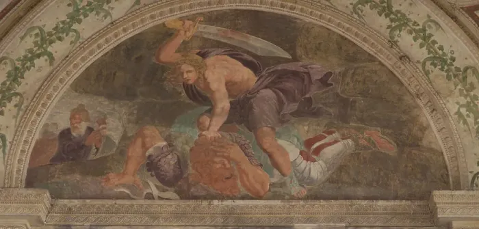 Framed Print : David slaying Goliath (Loggia di Davide). Artist: Romano, Giulio (1499-1546) Framed Print : David slaying Goliath (Loggia di Davide). Artist: Romano, Giulio (1499-1546)