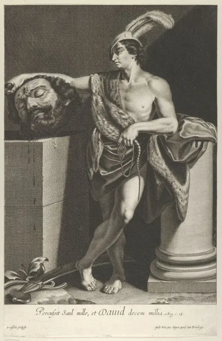 Framed Print : David standing with crossed legs and holding the head of Goliath on a pedestal at l Framed Print : David standing with crossed legs and holding the head of Goliath on a pedestal at l