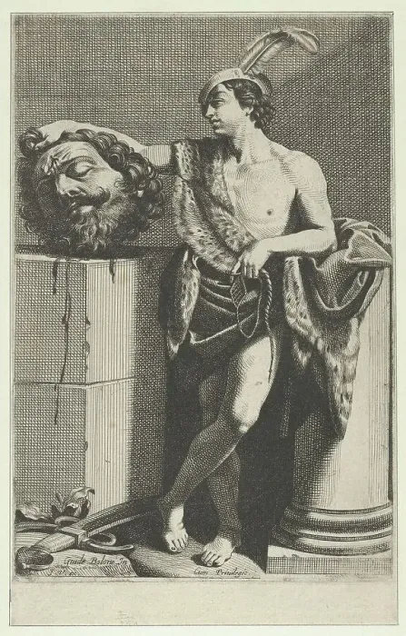 Framed Print : David standing with crossed legs and holding the head of Goliath on a pedestal at lef... 1600-1700. Creator: Anon Framed Print : David standing with crossed legs and holding the head of Goliath on a pedestal at lef... 1600-1700. Creator: Anon
