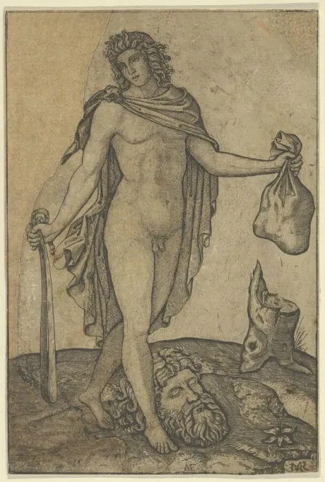 Framed Print : David standing, sword in lowered right hand, sack in the left, the head of Goliath on... ca. 1506. Creator: Marcantonio Raimondi Framed Print : David standing, sword in lowered right hand, sack in the left, the head of Goliath on... ca. 1506. Creator: Marcantonio Raimondi