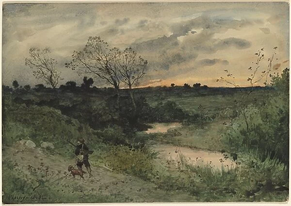 Dawn--Hunter with Dog, 1882. Creator: Henri Joseph Harpignies (French, 1819-1916)