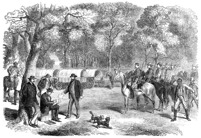 Framed Print : The Last Days of the Confederate Government... Mr. Jefferson Davis signing acts...by the roadside, 1 Creator: Unknown Framed Print : The Last Days of the Confederate Government... Mr. Jefferson Davis signing acts...by the roadside, 1 Creator: Unknown