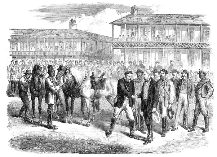 Framed Print : The Last Days of the Confederate Government...Jefferson Davis bidding farewell to his escort, 1865. Creator: Unknown Framed Print : The Last Days of the Confederate Government...Jefferson Davis bidding farewell to his escort, 1865. Creator: Unknown
