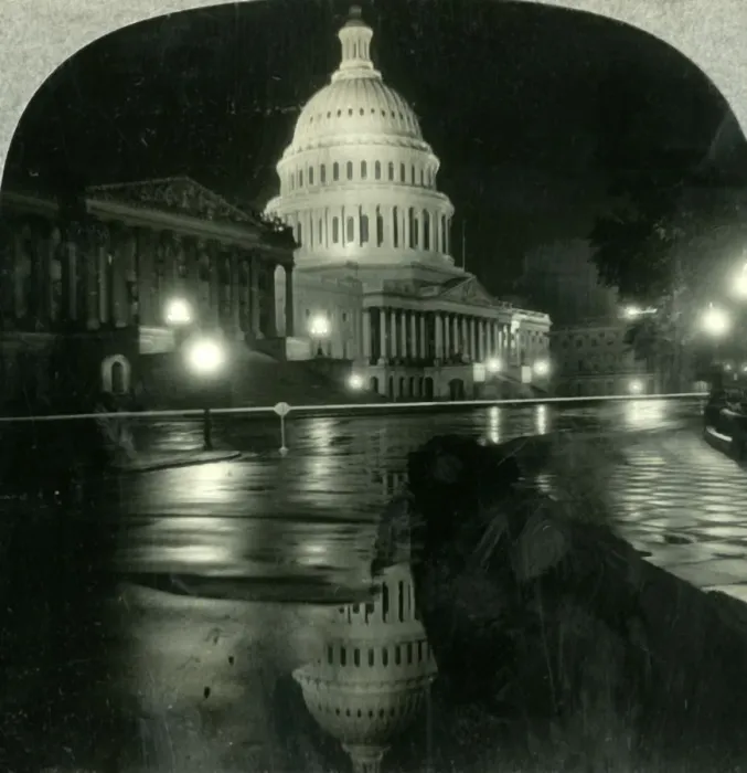 Framed Print : The Dazzling Dome of the Capitol on a Rainy Night, Washington D. C. c1930s. Creator: Unknown Framed Print : The Dazzling Dome of the Capitol on a Rainy Night, Washington D. C. c1930s. Creator: Unknown