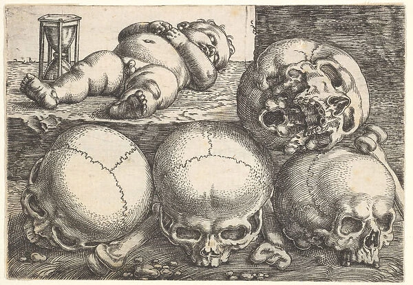 Dead Child with Four Skulls, mid-16th century. Creator: Barthel Beham