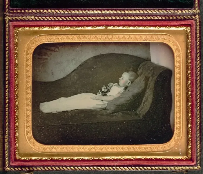 Framed Print : Dead Child On a Sofa, c. 1855. Creator: Unidentified Photographer Framed Print : Dead Child On a Sofa, c. 1855. Creator: Unidentified Photographer