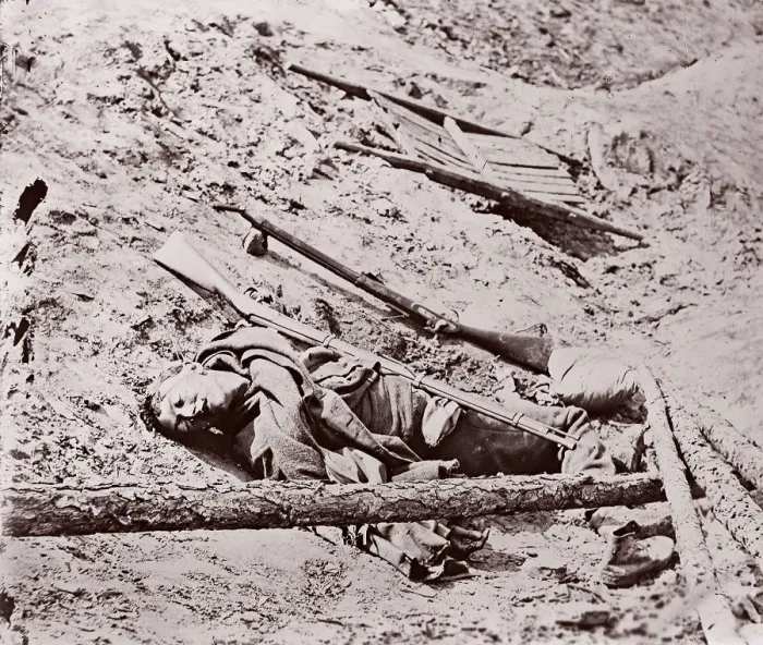 Framed Print : Dead Confederate Soldier at Fort Mahone, Petersburg, 1864. Creator: Unknown Framed Print : Dead Confederate Soldier at Fort Mahone, Petersburg, 1864. Creator: Unknown