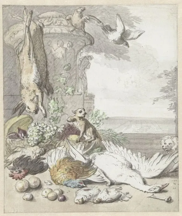 Framed Print : Dead game with a monkey and a dog, 1650-1719. Creator: Jan Weenix Framed Print : Dead game with a monkey and a dog, 1650-1719. Creator: Jan Weenix