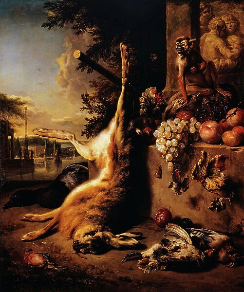 Dead game, monkey and fruit in front of a landscape, 1709. Creator: Jan Weenix