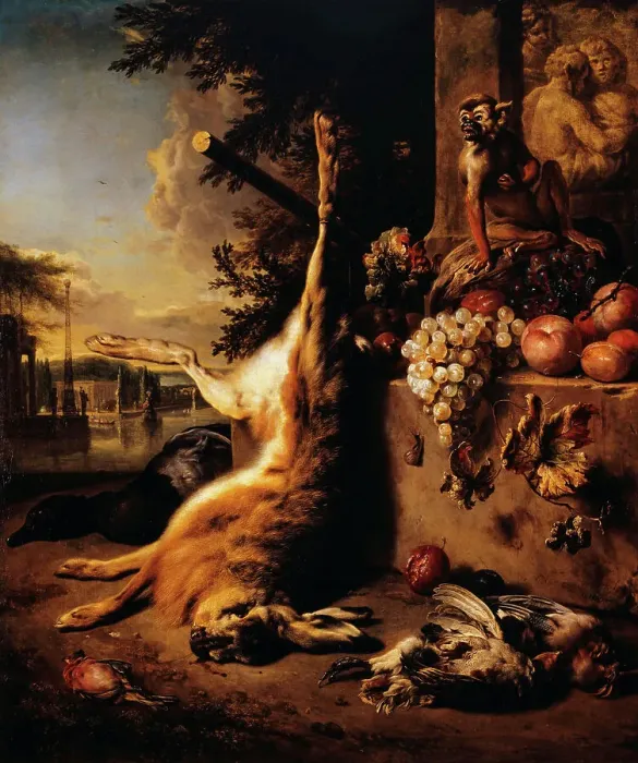 Framed Print : Dead game, monkey and fruit in front of a landscape, 1709. Creator: Jan Weenix Framed Print : Dead game, monkey and fruit in front of a landscape, 1709. Creator: Jan Weenix