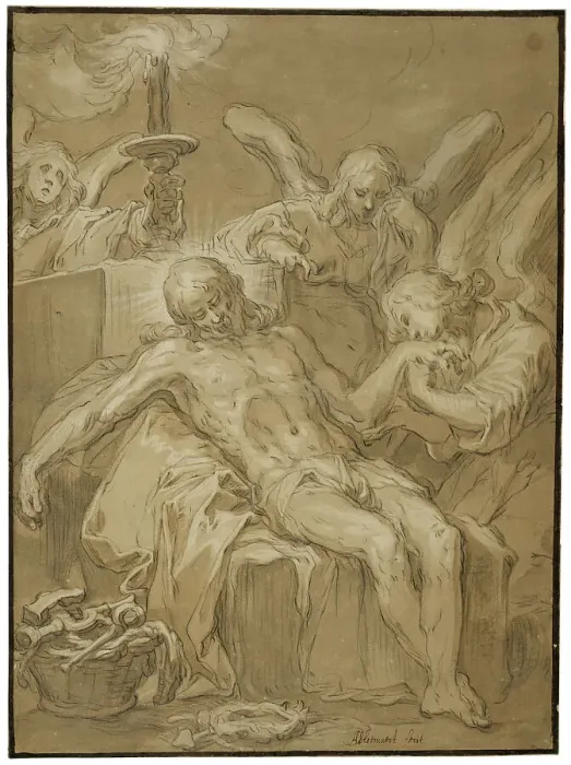 Framed Print : The dead Jesus mourned by angels. Creator: Abraham Bloemaert Framed Print : The dead Jesus mourned by angels. Creator: Abraham Bloemaert