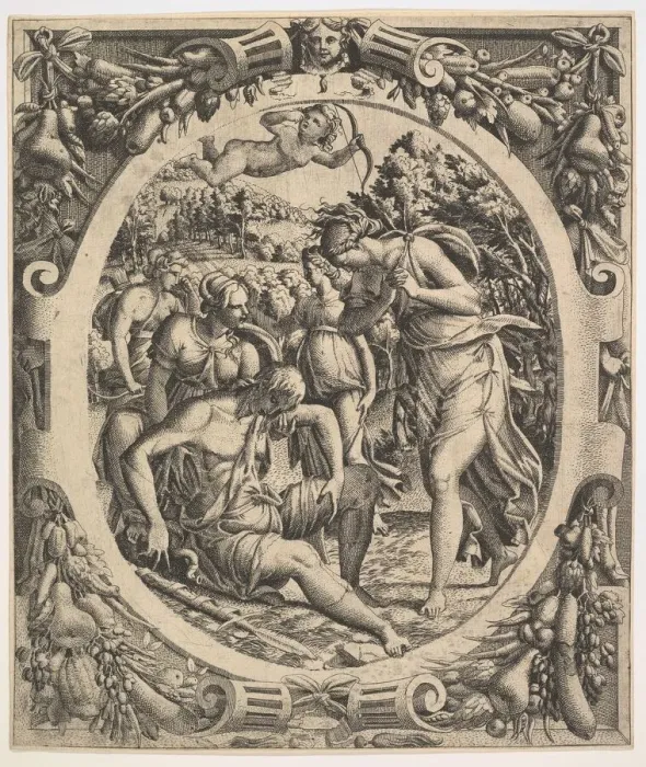 Framed Print : The Death of Adonis, 1544. Creator: Jean Mignon Framed Print : The Death of Adonis, 1544. Creator: Jean Mignon