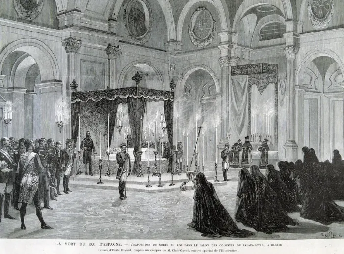 Framed Print : Death of Alphonse XII, exhibition of the Kings body in the Hall of Columns of Framed Print : Death of Alphonse XII, exhibition of the Kings body in the Hall of Columns of