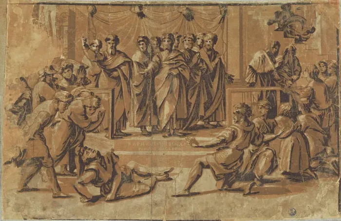 Framed Print : Death of Ananias, 1518. Creator: Ugo da Carpi (1480-1532) Framed Print : Death of Ananias, 1518. Creator: Ugo da Carpi (1480-1532)