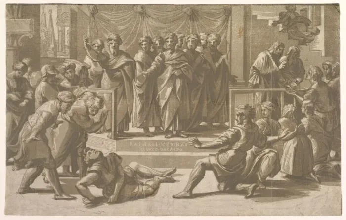 Framed Print : The death of Ananias, surrounded by Apostles, 1518. Creator: Ugo da Carpi Framed Print : The death of Ananias, surrounded by Apostles, 1518. Creator: Ugo da Carpi