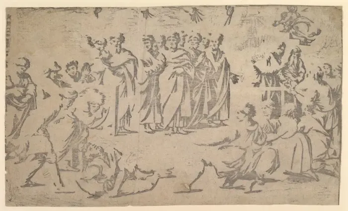 Framed Print : The death of Ananias surrounded by Apostles, 1518. Creator: Ugo da Carpi Framed Print : The death of Ananias surrounded by Apostles, 1518. Creator: Ugo da Carpi