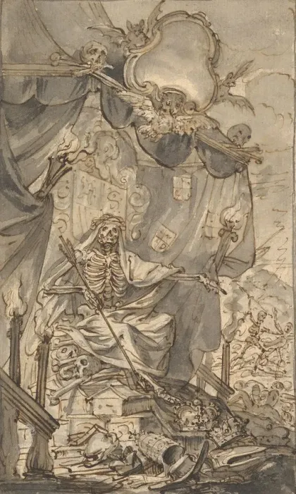 Framed Print : Death on a Canopied Throne (Design for a Title Page), late 17th century Framed Print : Death on a Canopied Throne (Design for a Title Page), late 17th century