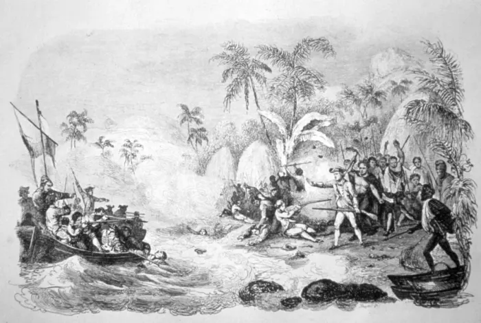 Framed Print : Death of Captain Cook, 1779 (c1819). Artist: Jacques Etienne Victor Arago Framed Print : Death of Captain Cook, 1779 (c1819). Artist: Jacques Etienne Victor Arago