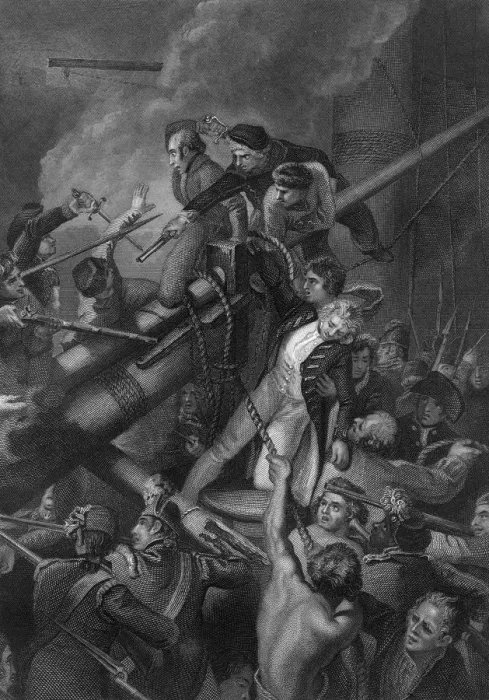 Framed Print : The death of Captain Faulknor, 1795 (c1857). Artist: J Rogers Framed Print : The death of Captain Faulknor, 1795 (c1857). Artist: J Rogers