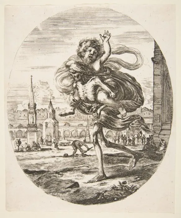 Framed Print : Death carrying a child, from The five deaths (Les cinq Morts), ca. 1648 Framed Print : Death carrying a child, from The five deaths (Les cinq Morts), ca. 1648