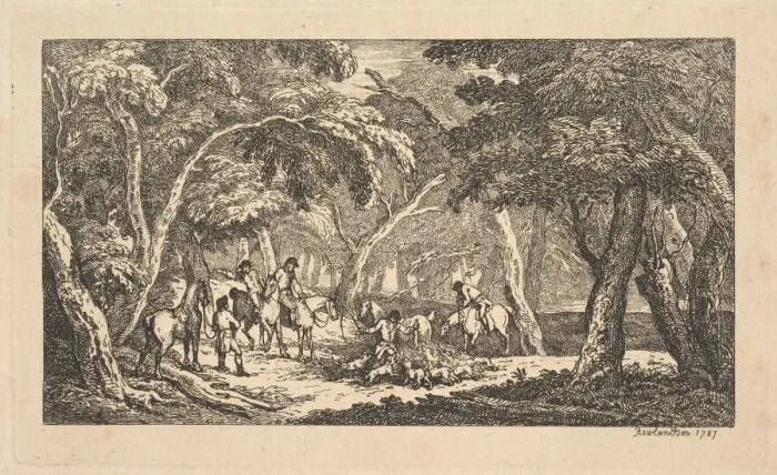 Framed Print : The Death - Fox Hunting - A Landscape Scene, 1787. Creator: Thomas Rowlandson Framed Print : The Death - Fox Hunting - A Landscape Scene, 1787. Creator: Thomas Rowlandson
