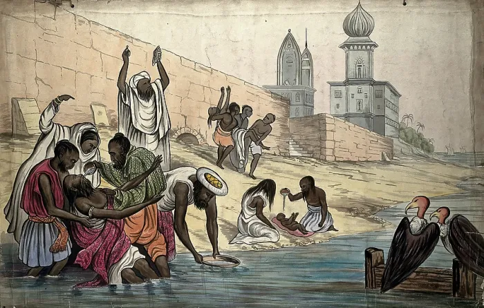 Framed Print : The 'death of Hindoos on the banks of the river Ganges', 1860. Creator: The Empire Traveller Framed Print : The 'death of Hindoos on the banks of the river Ganges', 1860. Creator: The Empire Traveller
