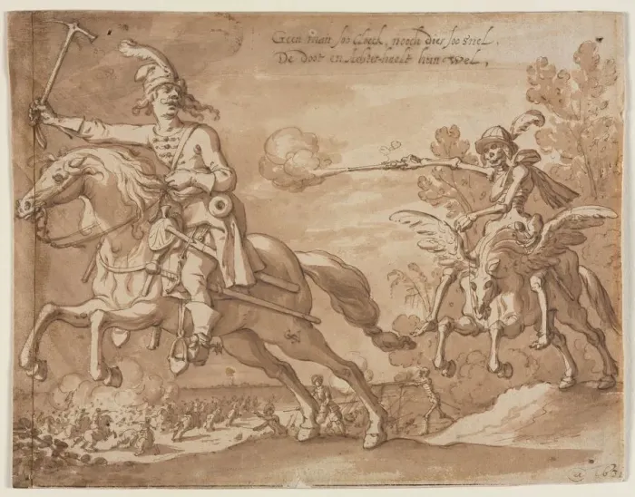 Framed Print : Death on Horseback Chasing a Flying Knight, 1631. Creator: Sebastian Vrancx (Flemish, 1573-1647)