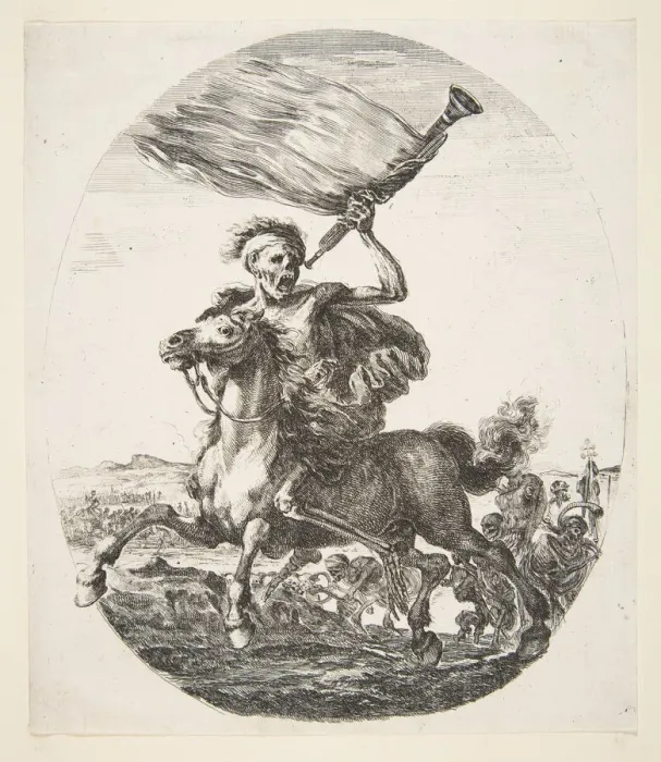 Framed Print : Death on horseback holding a trumpet, from The five deaths (Les cinq Morts), ca. 1648 Framed Print : Death on horseback holding a trumpet, from The five deaths (Les cinq Morts), ca. 1648
