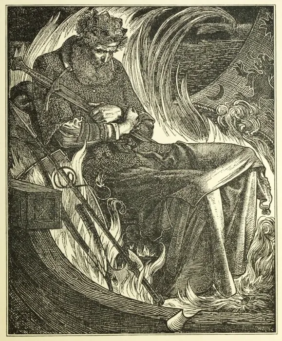Framed Print : Death of King Warwulf, pub. 1915 (engraving), 1915. Creator: Frederick Sandys (1829 - 1904) Framed Print : Death of King Warwulf, pub. 1915 (engraving), 1915. Creator: Frederick Sandys (1829 - 1904)