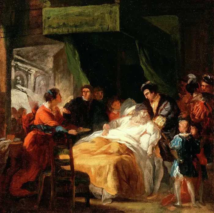 Framed Print : The Death of Leonardo da Vinci in the Arms of François I, c1781. Creator: Francois Guillaume Menageot Framed Print : The Death of Leonardo da Vinci in the Arms of François I, c1781. Creator: Francois Guillaume Menageot