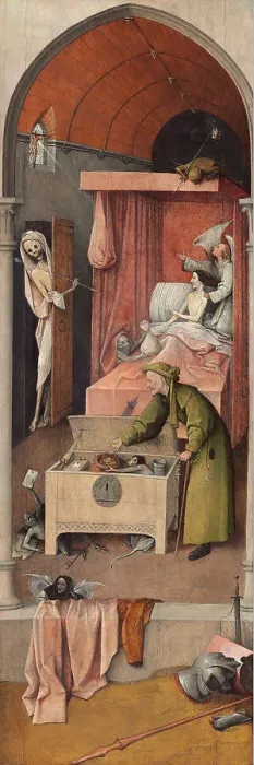 Framed Print : Death and the Miser, ca 1485. Artist: Bosch, Hieronymus (c. 1450-1516) Framed Print : Death and the Miser, ca 1485. Artist: Bosch, Hieronymus (c. 1450-1516)