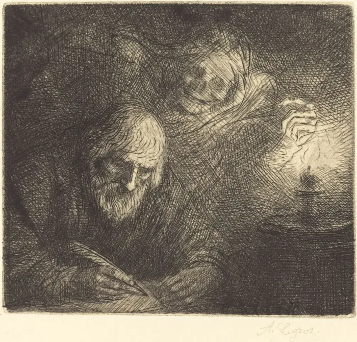 Framed Print : Death and the Philosopher (La mort et le philosophe). Creator: Alphonse Legros Framed Print : Death and the Philosopher (La mort et le philosophe). Creator: Alphonse Legros