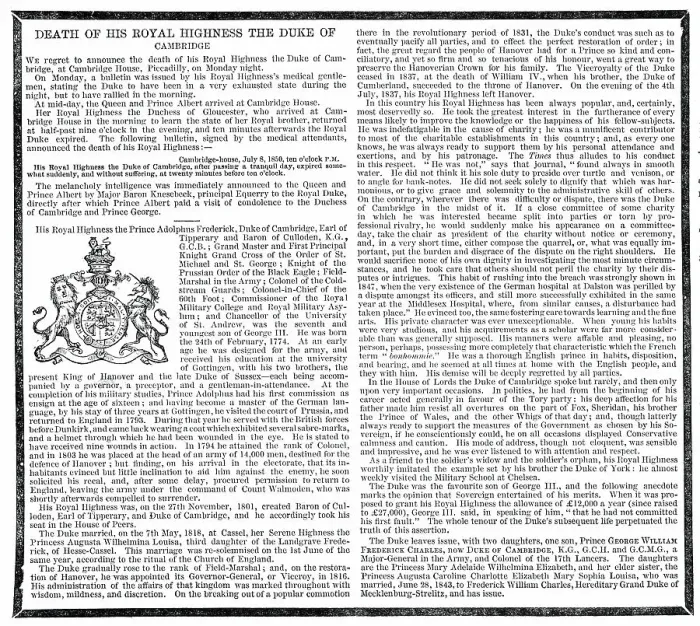 Framed Print : Death of His Royal Highness the Duke of Cambridge, 1850. Creator: Unknown Framed Print : Death of His Royal Highness the Duke of Cambridge, 1850. Creator: Unknown