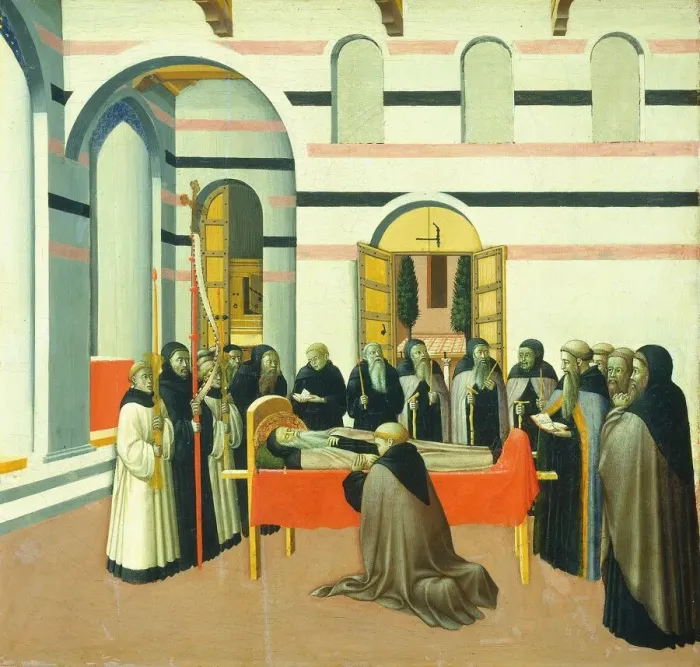 Framed Print : The Death of Saint Anthony, c. 1430 / 1435. Creators: Sano di Pietro Framed Print : The Death of Saint Anthony, c. 1430 / 1435. Creators: Sano di Pietro