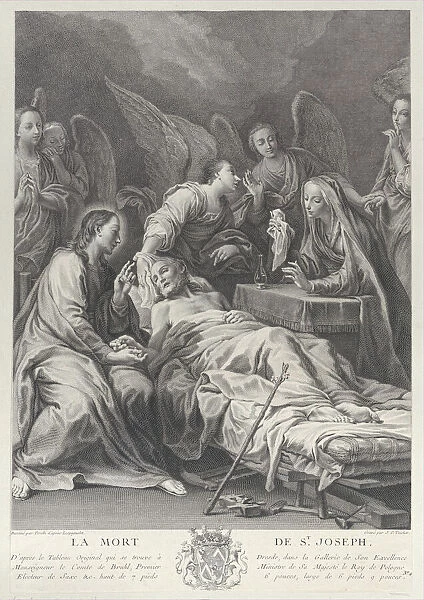 The death of Saint Joseph, lying on a bed, with Jesus, the Virgin Mary, and angels at h... 1740-50. Creator: Johann Christian Teucher