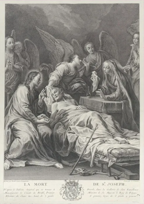 Framed Print : The death of Saint Joseph, lying on a bed, with Jesus, the Virgin Mary, and angels at h... 1740-50. Creator: Johann Christian Teucher Framed Print : The death of Saint Joseph, lying on a bed, with Jesus, the Virgin Mary, and angels at h... 1740-50. Creator: Johann Christian Teucher