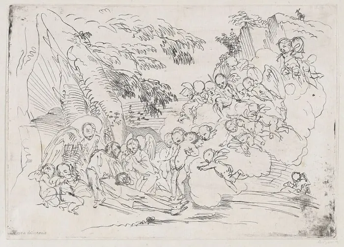 Framed Print : The death of Saint Pellegrino surrounded by many putti, 1700-1800. Creator: Anon Framed Print : The death of Saint Pellegrino surrounded by many putti, 1700-1800. Creator: Anon
