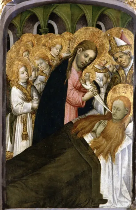 Framed Print : Death of Santa Maria Magdalena, detail of the altarpiece, colored painting in tempera on wood Framed Print : Death of Santa Maria Magdalena, detail of the altarpiece, colored painting in tempera on wood