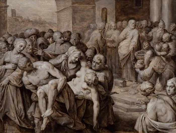 Framed Print : Death of Sapphira, c1600. Creator: Ambrosius Francken I Framed Print : Death of Sapphira, c1600. Creator: Ambrosius Francken I