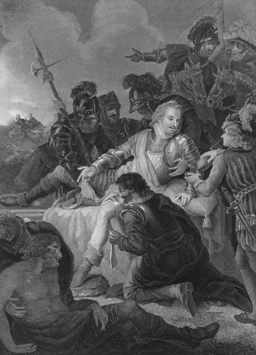 Framed Print : Death of Sir Philip Sidney, 1859. Artist: Herbert Bourne Framed Print : Death of Sir Philip Sidney, 1859. Artist: Herbert Bourne