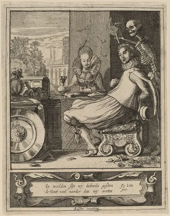 Framed Print : Death Taking a Couple by Surprise. Creator: Jan van de Velde II Framed Print : Death Taking a Couple by Surprise. Creator: Jan van de Velde II