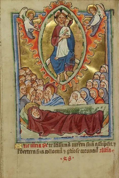 Framed Print : The Death of the Virgin; Illustrated Vita Christi... about 1190-1200; text added about 1480-1490. Creator: Unknown Framed Print : The Death of the Virgin; Illustrated Vita Christi... about 1190-1200; text added about 1480-1490. Creator: Unknown