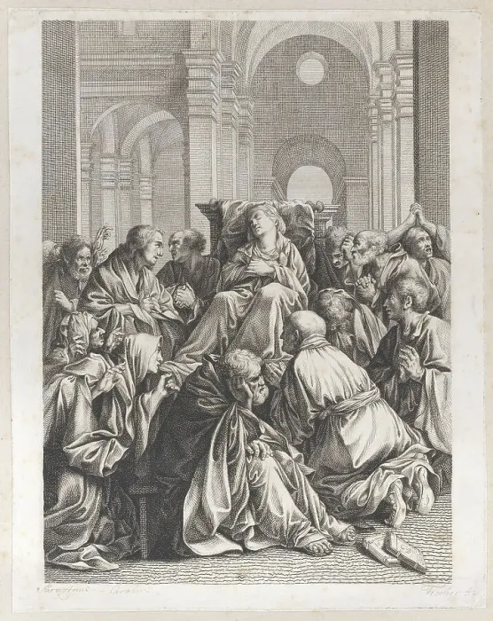 Framed Print : Death of the Virgin, lying on a chair at center, surrounded by Apostles, inside a tem... 1790-1822. Creator: Joseph Fischer Framed Print : Death of the Virgin, lying on a chair at center, surrounded by Apostles, inside a tem... 1790-1822. Creator: Joseph Fischer