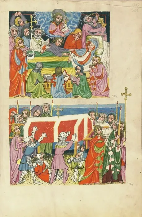 Framed Print : The Death of the Virgin: The Punishment of the Mockers; Weltchronik, about 1400-1410. Creator: Unknown Framed Print : The Death of the Virgin: The Punishment of the Mockers; Weltchronik, about 1400-1410. Creator: Unknown