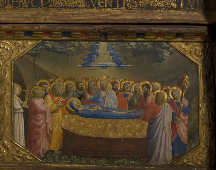 Framed Print : The Death of the Virgin (The Annunciation retable with 5 Predella scenes), 1430-1432. Artist: Angelico, Fra Giovanni, da Fiesole (ca. 1400-1455) Framed Print : The Death of the Virgin (The Annunciation retable with 5 Predella scenes), 1430-1432. Artist: Angelico, Fra Giovanni, da Fiesole (ca. 1400-1455)