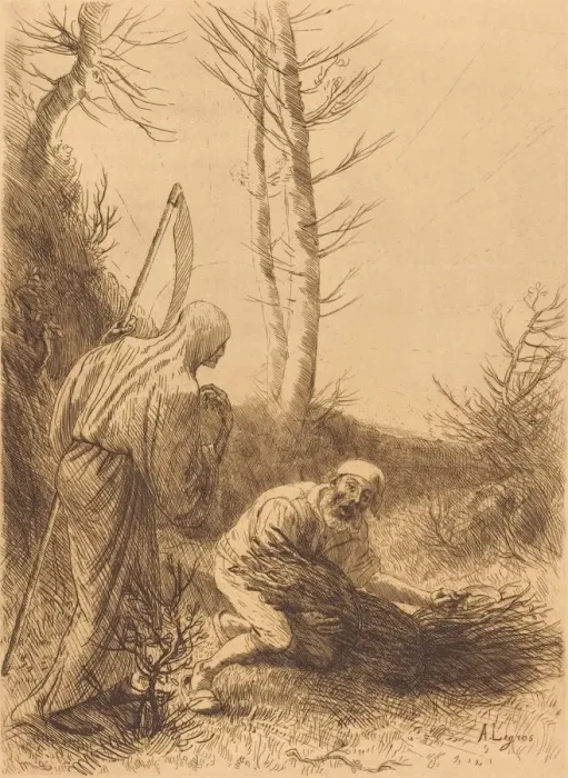 Framed Print : Death and the Woodcutter, 2nd plate (Le mort et le bucheron). Creator: Alphonse Legros Framed Print : Death and the Woodcutter, 2nd plate (Le mort et le bucheron). Creator: Alphonse Legros