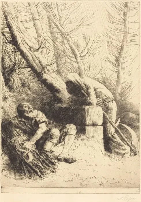 Framed Print : Death and the Woodcutter, 4th plate (La mort et le bucheron). Creator: Alphonse Legros Framed Print : Death and the Woodcutter, 4th plate (La mort et le bucheron). Creator: Alphonse Legros