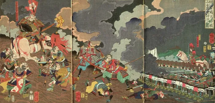 Framed Print : The Death of Yamamoto Dosan at the Great Battle of Kawanakajima, 1866. Creator: Tsukioka Yoshitoshi Framed Print : The Death of Yamamoto Dosan at the Great Battle of Kawanakajima, 1866. Creator: Tsukioka Yoshitoshi