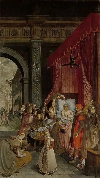 Deathbed of the Rich Man, with a Devil Descending to Retrieve the Deceased's Soul, c.1550-c.1574. Creator: Anon