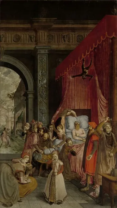 Framed Print : Deathbed of the Rich Man, with a Devil Descending to Retrieve the Deceased's Soul, c.1550-c.1574. Creator: Anon Framed Print : Deathbed of the Rich Man, with a Devil Descending to Retrieve the Deceased's Soul, c.1550-c.1574. Creator: Anon